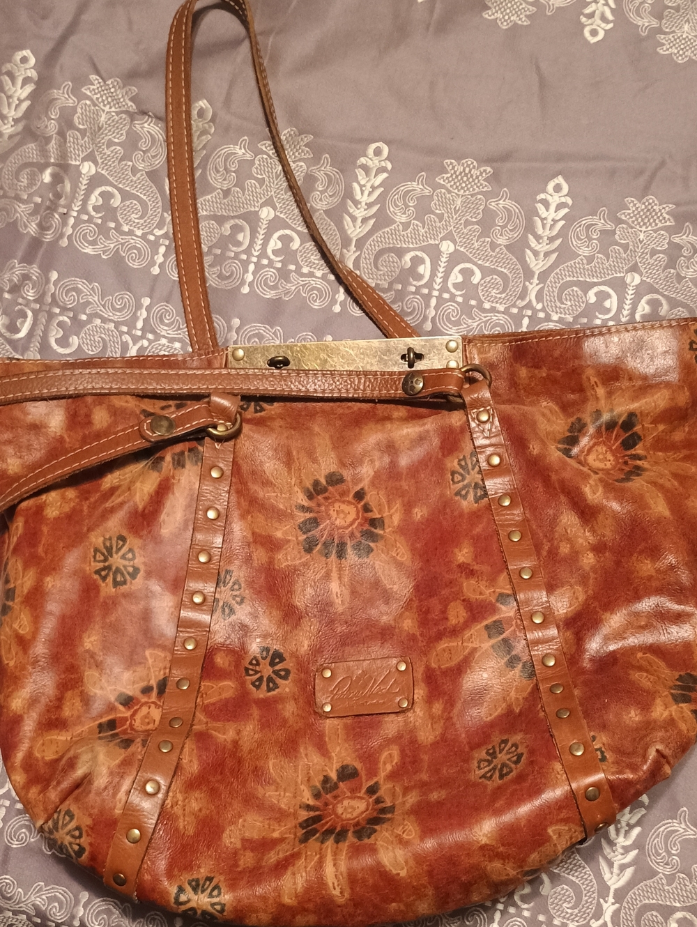 Patricia Nash Brown Floral Studded Leather Shoulder Bag